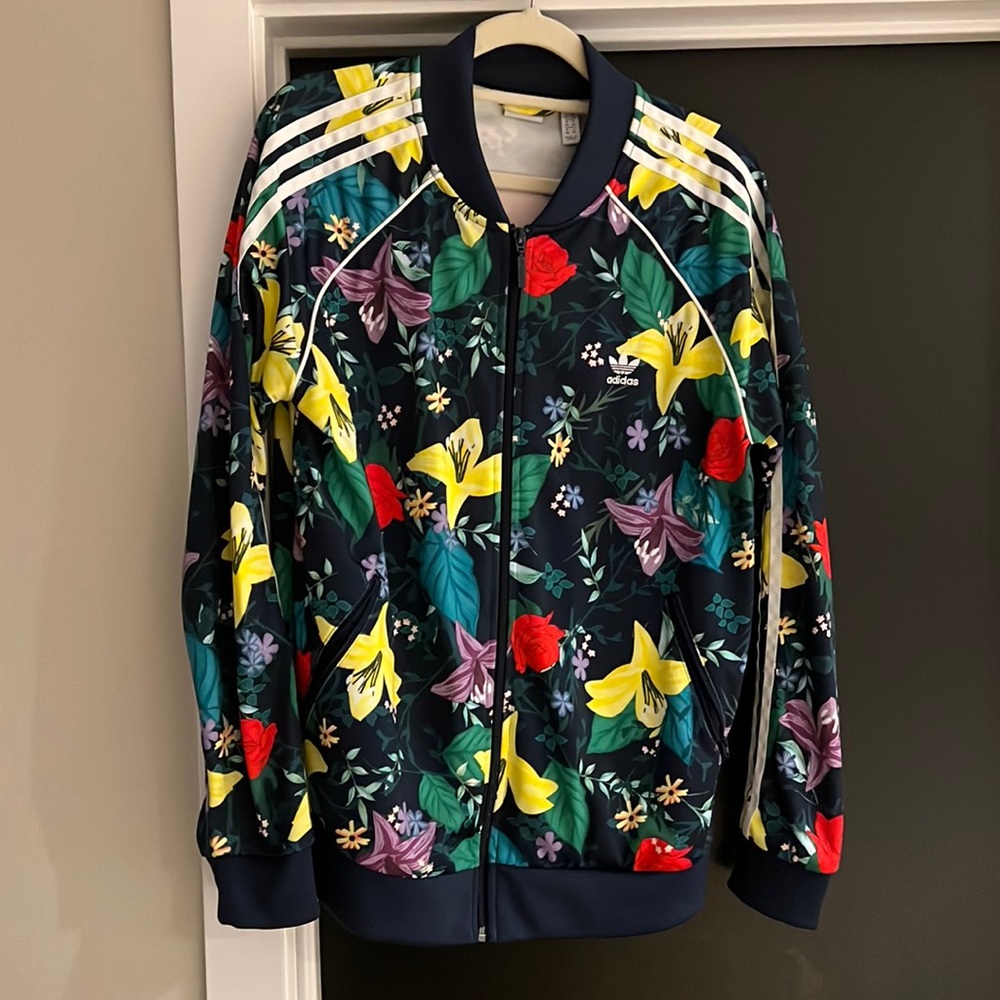 Adidas Navy Floral Jacket in Women’s size Large.